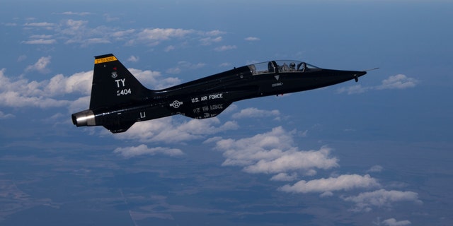 A T-38 Talon with the 2nd Fighter Training Squadron, Tyndall Air Force Base, Fla., begins to climb in altitude en route to a training range over the Gulf of Mexico, March 9, 2017. The 2nd FTS, American Beagles, is manned by experienced fighter pilots and support personnel with backgrounds in virtually every USAF fighter major waepons system. (U.S. Air Force photo by Master Sgt. Burt Traynor/Released)