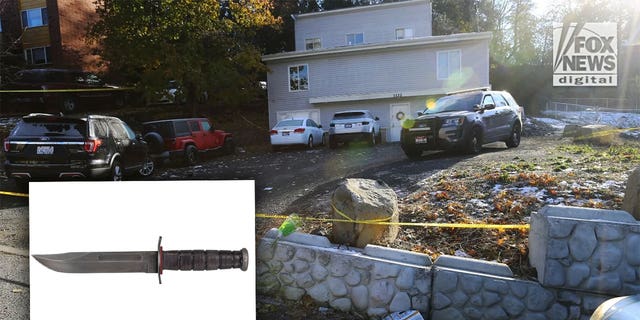 Police suspect a Ka-Bar knife may have been used in the slayings of four University of Idaho students, inset. Caution tape surrounds the house near campus where the students were murdered.