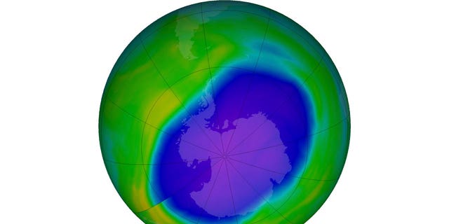 In this NASA image, the blue and purple indicates a hole in the Earth's protective ozone layer over Antarctica as of Oct. 5, 2022. 